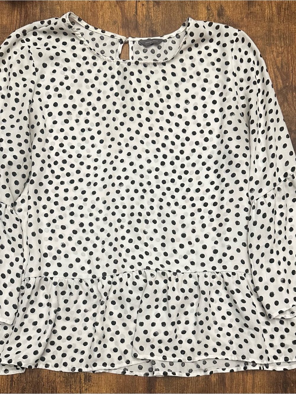 Denver Hayes White Dress with Black Polka Dots and Peplum Hem